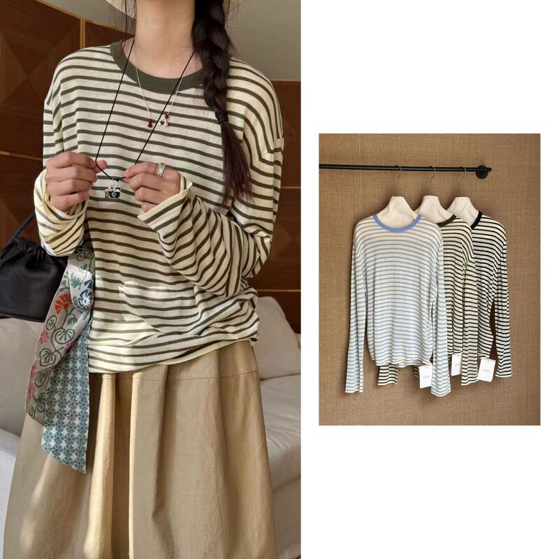 Hanko Celebrity-Inspired Loose and Relaxed Style Drop-Shoulder Sleeve Tencel Linen Striped Long-Sleeve T-Shirt Knitwear Hanko Celebrity-Inspired Loose and Relaxed Style Drop-Shoulder Sleeve Tencel Linen Striped Long-Sleeve T-Shirt Knitwear