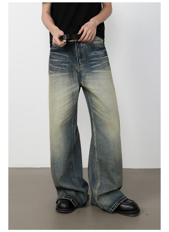 Quần jeans nam dáng rộng ống đứng phong cách retro Mỹ, giặt mài làm cũ — Màu xanh dương chi tiết 15