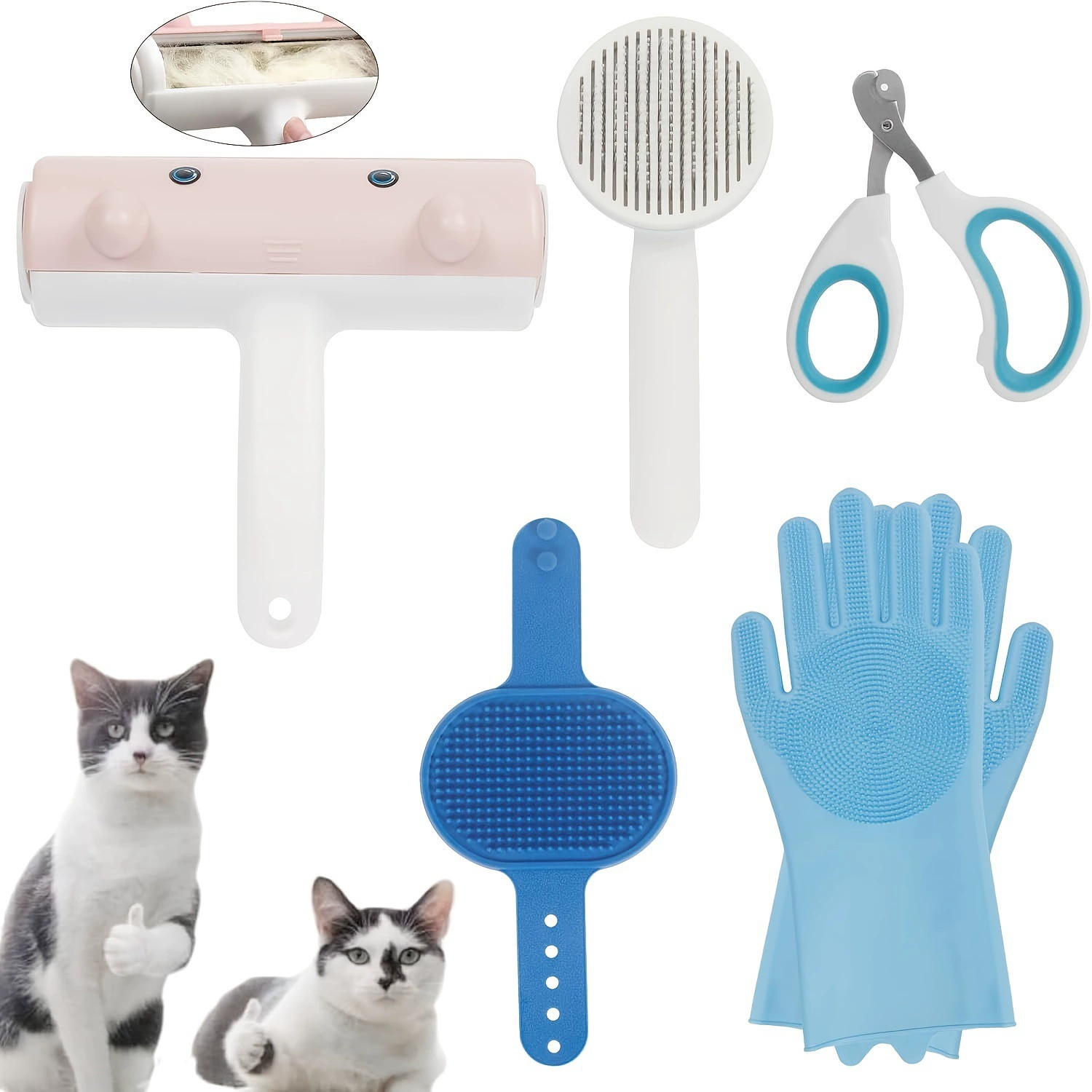 Набор инструментов для ухода за домашними животными из 5 предметов, средство для удаления волос для кошек и собак с силиконовой щеткой, ножницы для ногтей и массажная щетка для ванны