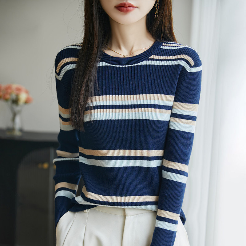 Round-neck striped slim-fit pullover sweater for women, color-blocked ribbed long-sleeve knit top, simple and suitable for commuting, can be worn as a base layer Round-neck striped slim-fit pullover sweater for women, color-blocked ribbed long-sleeve knit top, simple and suitable for commuting, can be worn as a base layer
