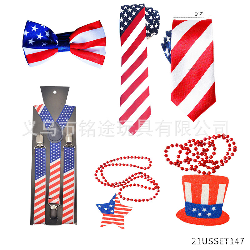 Día de la Independencia de EE. UU. Viste a la bandera, ropa a rayas, accesorios fotográficos, moda, estilo británico, corbata, decoración de collar