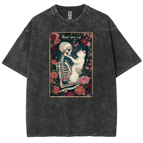 Y2K cartoon anime washed t-shirt American hip-hop skull head graphic cat print t-shirt