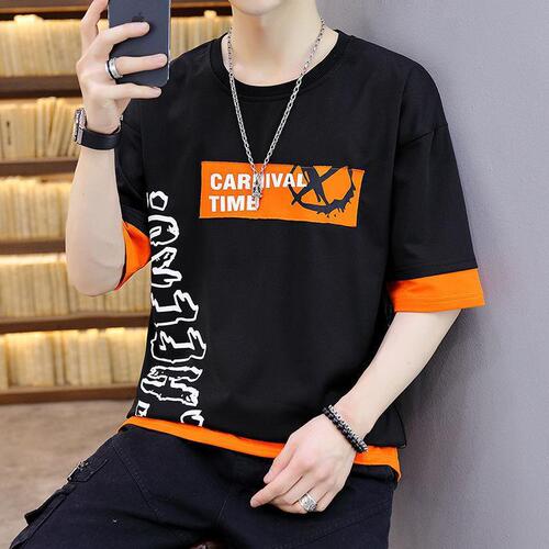 Summer new men's crewneck short-sleeved T-shirt, youth-style faux two-piece half-sleeved Korean-style slim-fit base layer shirt, casual and versatile.