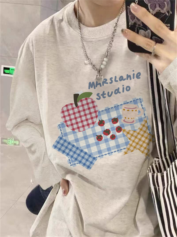 100% Pure Cotton American Retro Gray Long-Sleeved T-Shirt for Men and Women, Spring and Autumn Design, Loose Trendy Brand Couple T-Shirt