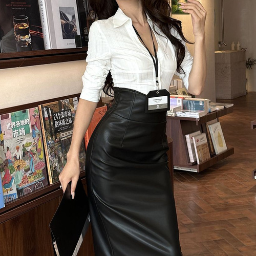 2025 Spring and Autumn Fashion Cool and Edgy Sea Witch Wind Long-Sleeve Shirt and Black Leather Skirt Two-Piece Set for Women