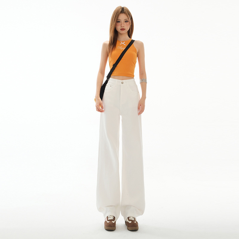 Customized White Straight Jeans for Women 2025 New Autum High-Waisted Loose Slimming Look Versatile Narrow Wide-Leg Pants