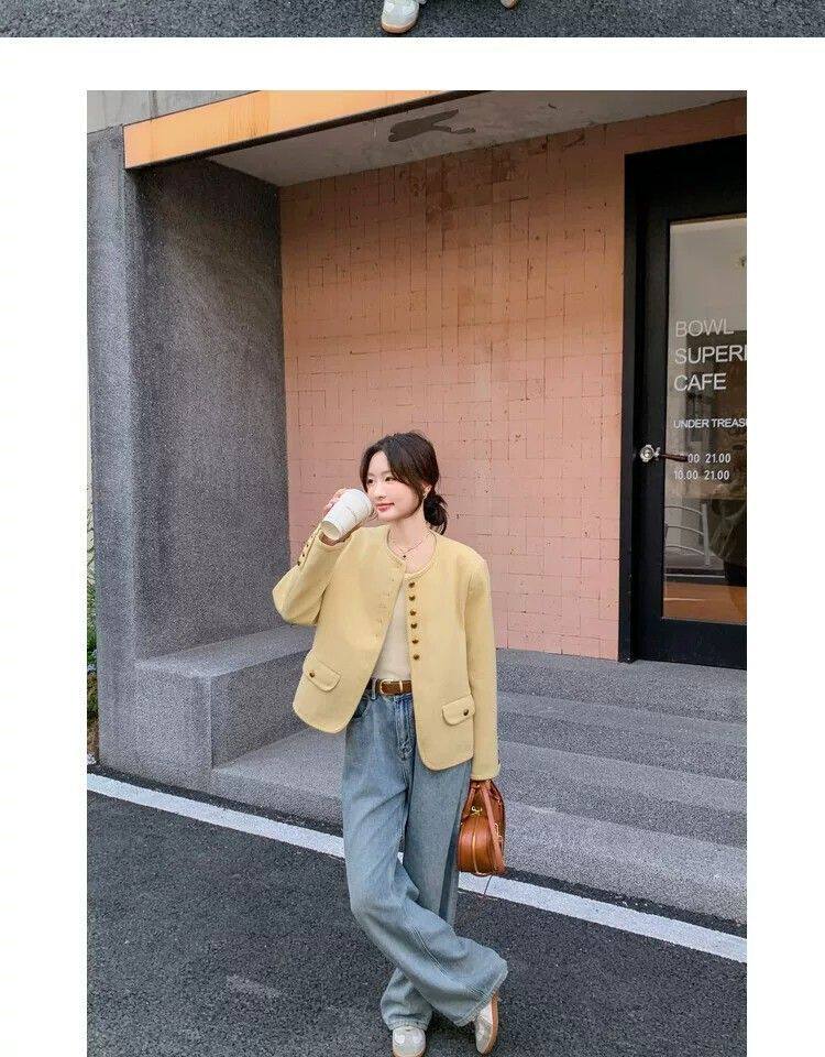 Áo khoác nữ dáng ngắn cổ tròn phong cách retro thanh lịch, form rộng, chất liệu tweed — Ren vàng chi tiết 10