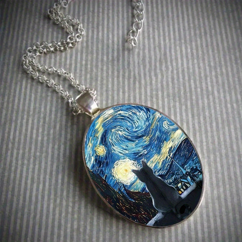 Van Gogh Starry Night Time Gemstone Pendant Necklace Women's Versatile European and American Fashion Retro Sweater Chain Jewelry Wholesale