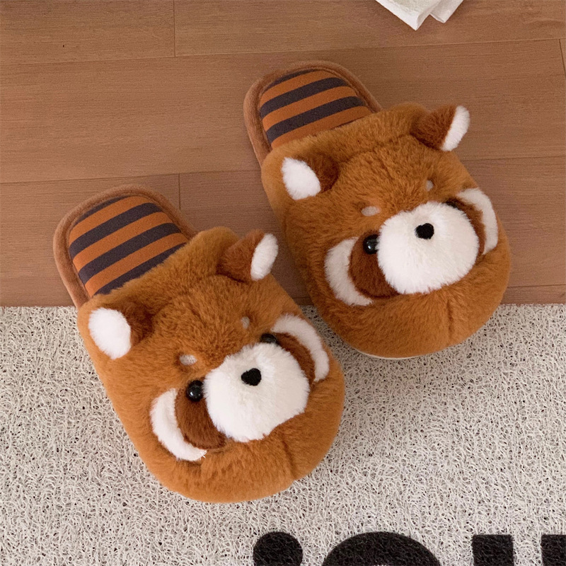 Thin Cute Raccoon Cotton Slippers for Couples Indoor Warm Closed-Toe Plush Slippers Winter Home Shoes for Men and Women