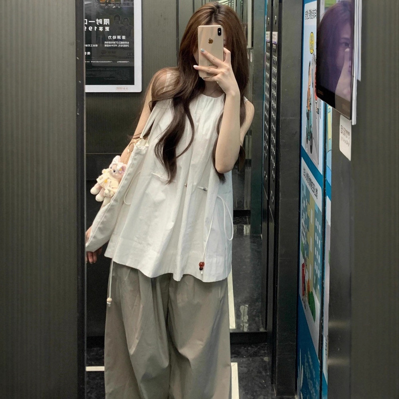 设计感小众休闲运动套装女夏季无袖抽绳上衣薄款工装阔腿裤两件套|undefined