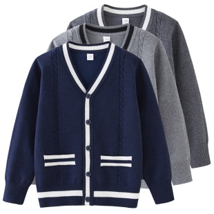 Foreign trade cross-border twist contrast color medium and large children's knitted cardigan school uniform class uniform boys and girls sweater coat spring and autumn
