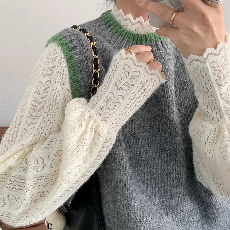 Plush lace stand collar long-sleeved T-shirt autumn and winter inner beige bottoming shirt elegant gentle spring top