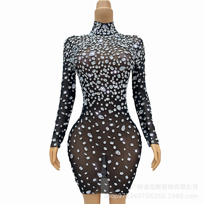 European and American Style Sexy Black Sparkling Rhinestone Mini Bodycon Dress Cocktail Party Short Dress Gogo Performance Outfit Elegant