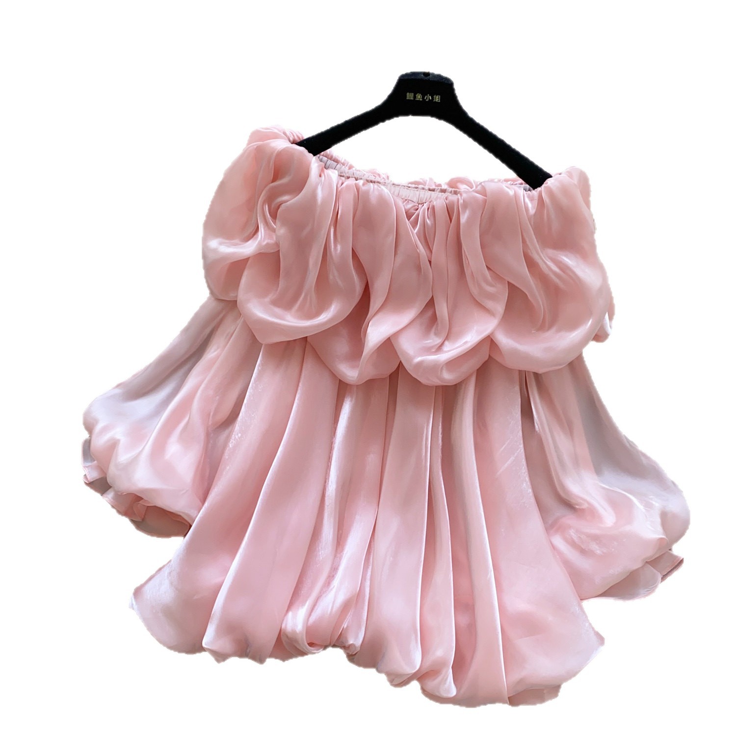 Camicetta da donna in stile coreano con spalle scoperte, volant e maniche a lanterna, colore rosa. Elegante, alla moda e versatile, perfetta per la nuova primavera._voghion.com