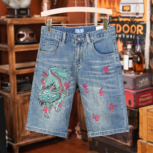 Chinese Style Embroidered Denim Shorts for Men, Trendy Loose Fit Plus Size Embroidered Shorts