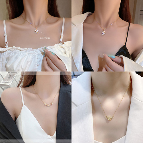 Korean style design steel necklace for women, versatile and non-fading, clavicle chain, light luxury four-leaf clover, love pendant, accessories wholesale