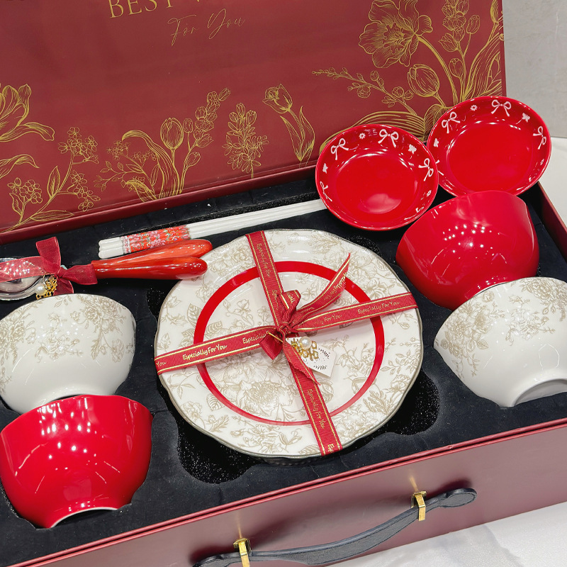 Bowl and Plate Tableware Set, Red Wedding Gift Tableware, Gift Box Set, Ceramic Bowl and Plate Set, High Aesthetic Value, Wedding Gift Bowl and Plate Tableware Set, Red Wedding Gift Tableware, Gift Box Set, Ceramic Bowl and Plate Set, High Aesthetic Value, Wedding Gift