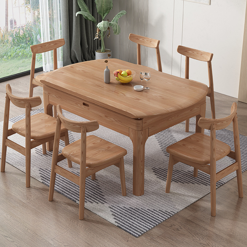 Nordic ash solid wood dining table household folding telescopic square and round table modern simple dining table and chair combination