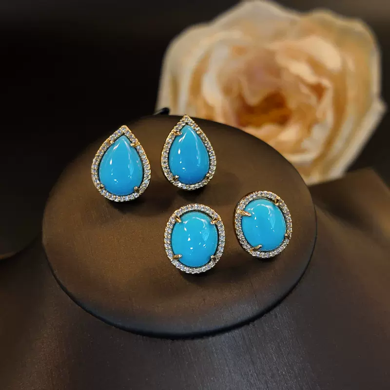 高级感铜镶锆蓝色琉璃水滴椭圆耳钉女复古时尚通勤小巧耳饰批发