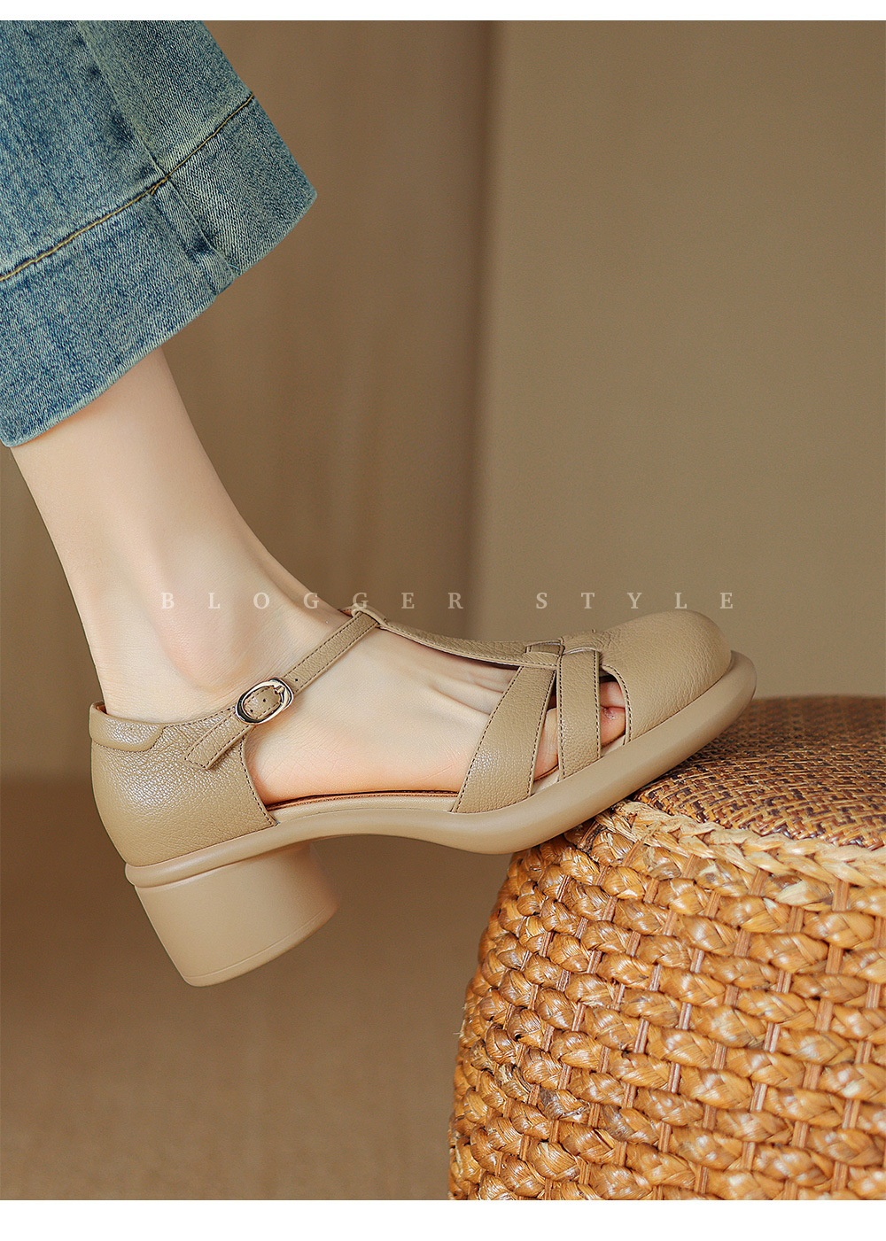 Sandal Mary Jane nữ đế dày gót vuông mũi tròn dệt kiểu La Mã — Màu trắng nhạt chi tiết 10