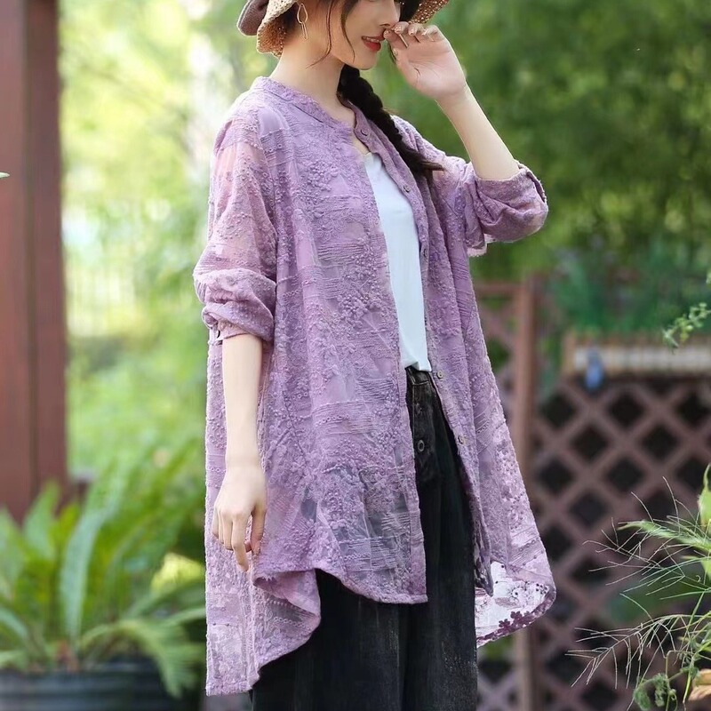 Spring and Summer new retro elegant embroidered lace shirt Loose Women's top shirt stand collar irregular hem shirt