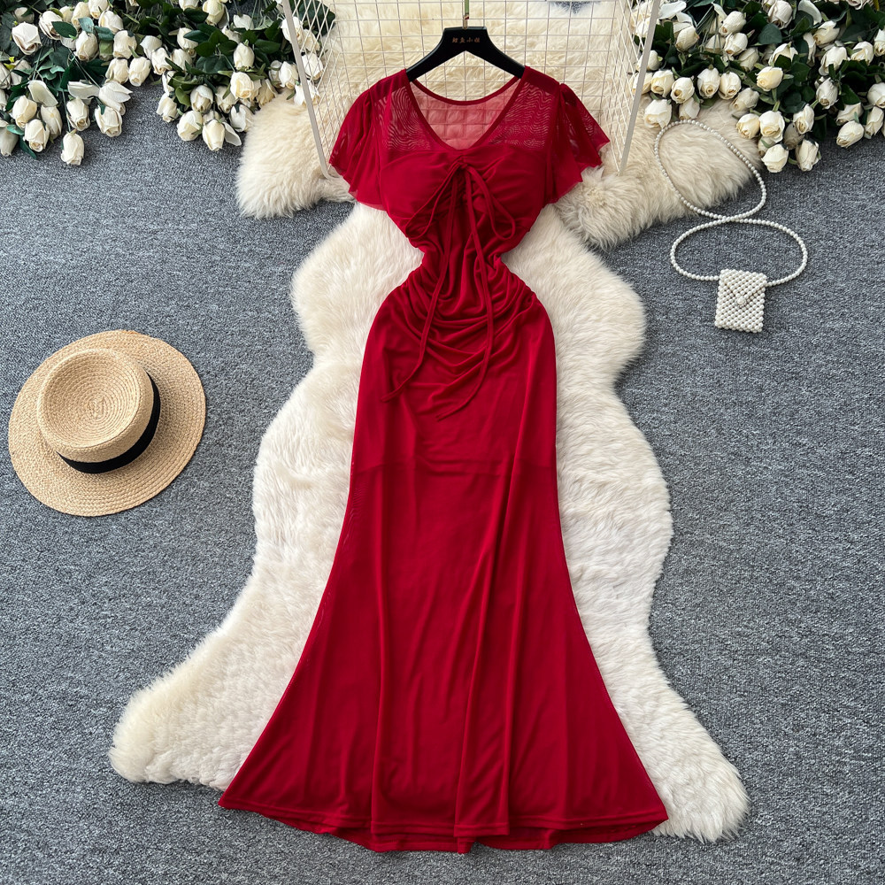 Elegant Red Short Sleeved Dress for Women Korean Style Pleated A-Line Long Skirt Sophisticated Flattering Slimming Work Dress_ecoleips.com