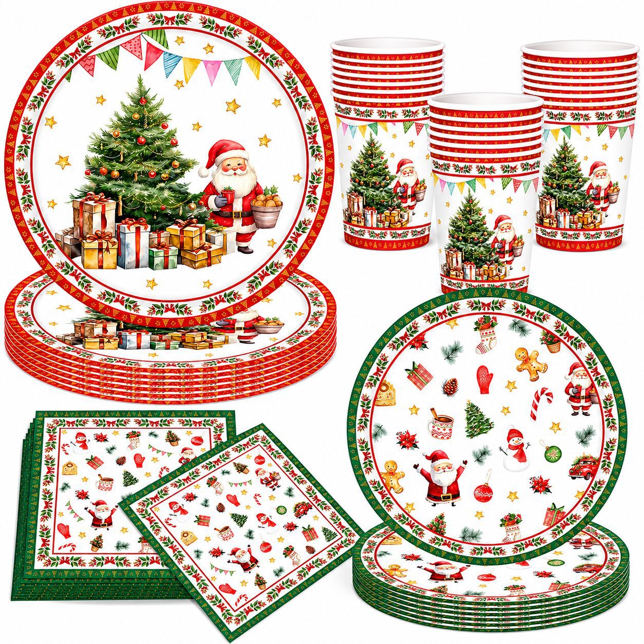 Glossy Food-Grade Red and Green Christmas Tableware Set, Watercolor Style Disposable Plates, Paper Cups, Napkins, Party Supplies