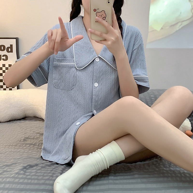 (2개) 코튼 파자마 여성 여름 새 옷깃 카디건 반팔 반바지 캐주얼 루즈 달콤한 소녀의 집 얇은 세트