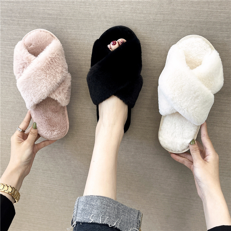Pantuflas de lana cruzada de estilo explosivo transfronterizo para mujeres en otoño e invierno