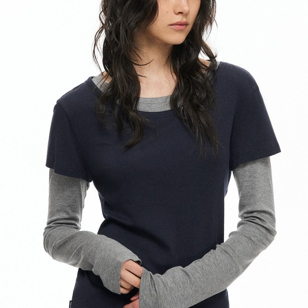 Color-blocked faux two-piece long-sleeved T-shirt for women, spring and autumn, slim-fitting base layer top