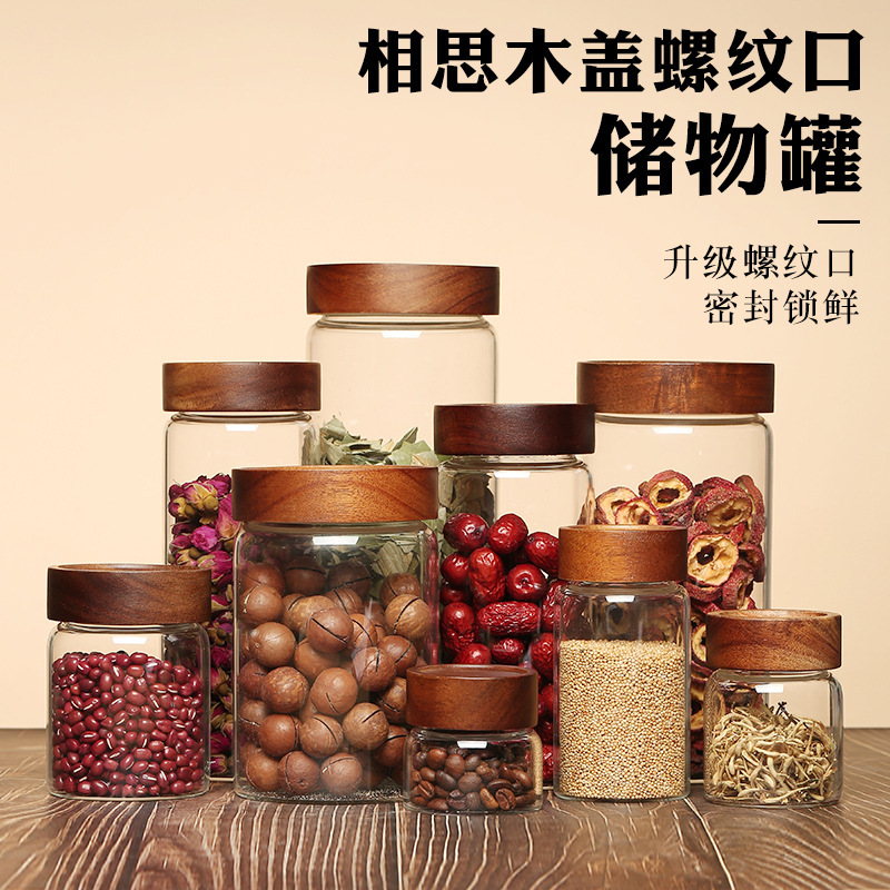High Borosilicate Transparent Glass Storage Jar with Lid, Tea Glass Jar with Acacia Wood Threaded Mouth, Moisture-Proof and Sealed