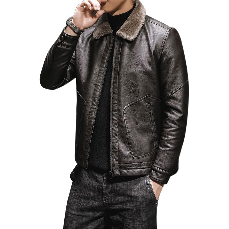 Hombres de cuero de invierno 2019 nueva solapa de mediana edad forrada de lana engrosada de piel uno más el tamaño de los hombres chaqueta de cuero marea