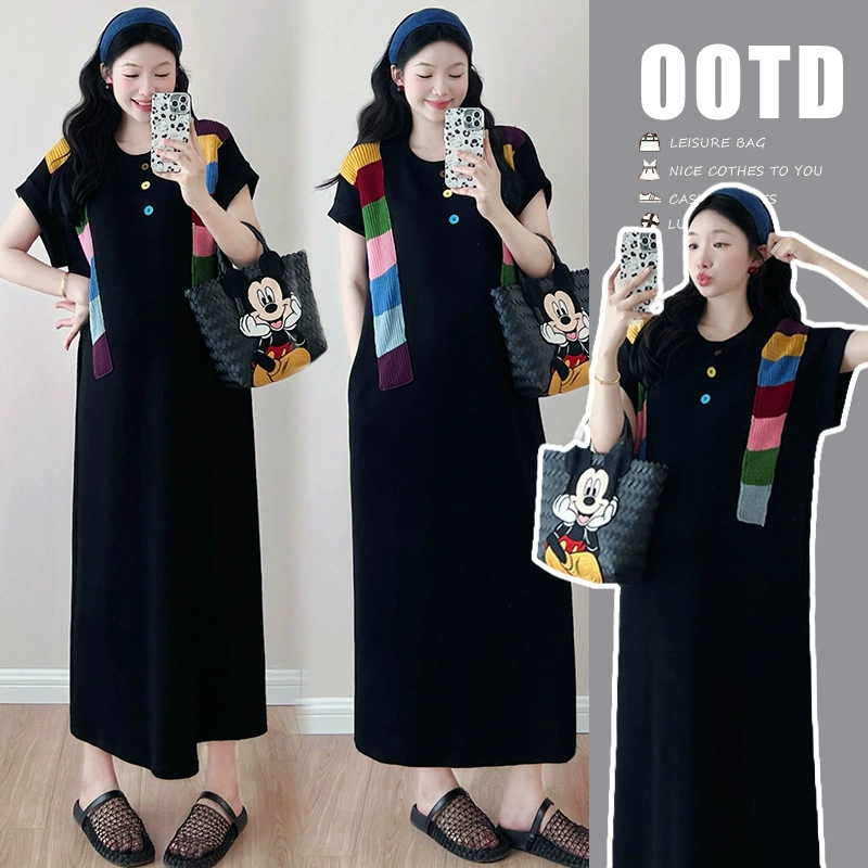 Платье для беременных 2025 лето новая корейская мода свободный трикотаж радужный пэчворк двухсоставной длинный стиль.