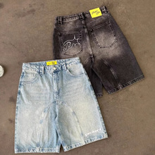 欧美跨境复古休闲美式街头刺绣潮流宽松原宿水洗牛仔五分裤短裤夏