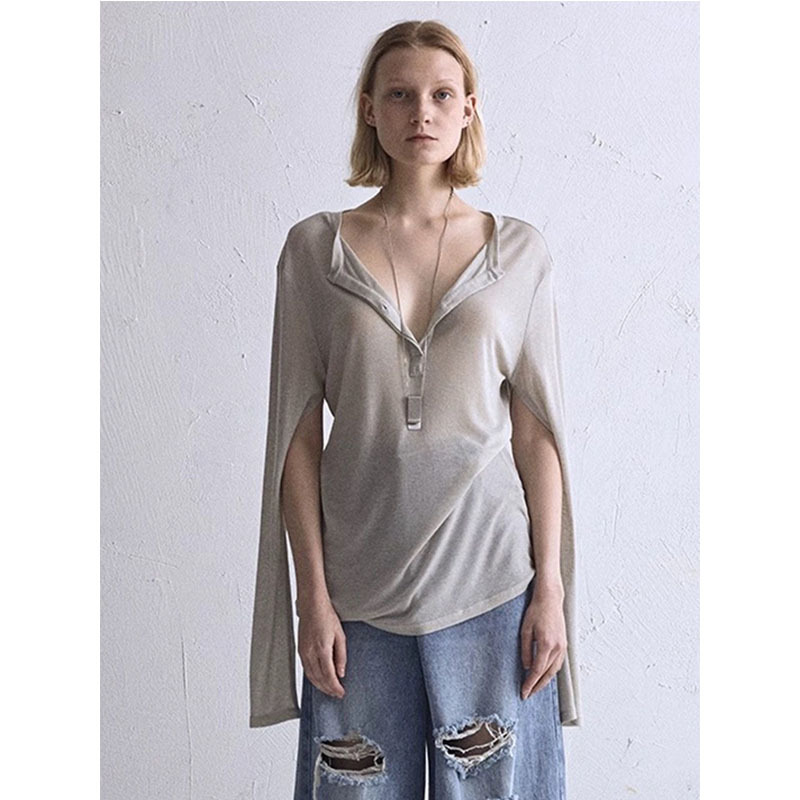 Korean style niche solid color open sleeve base layer top, wearable as outerwear, Henry T-shirt, imported fabric knitwear, skin-friendly and unique women's style.