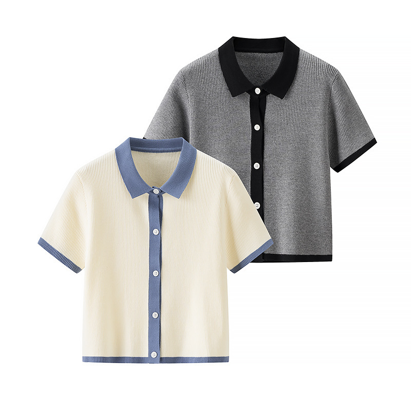 00Hm-2812Polo Collar Short-Sleeved Knitted Cardigan 2025 Summer New Casual Slimming Look Contrasting Color Top