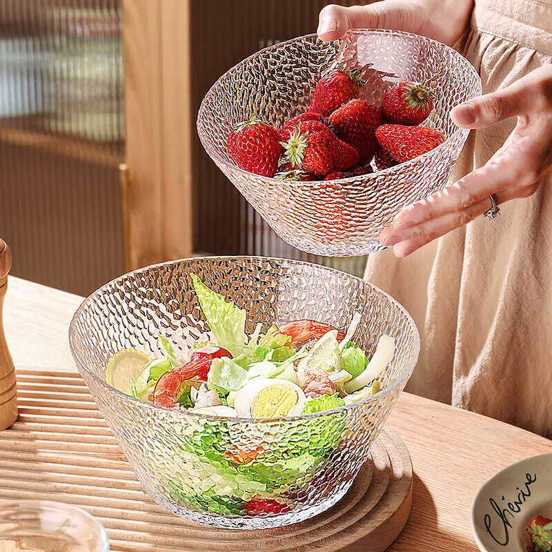 Glass Salad Bowl Simple Ins Style Hammer Pattern Transparent Glass Kitchen Cooking Household Fruit Plate Dessert Instant Noodle Bowl