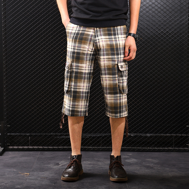Primavera y verano Comercio exterior Plaid shorts pantalones de playa de los hombres multi-Bolsillo 7-punto pantalones sueltos más tamaño ropa de trabajo medio pantalones al por mayor