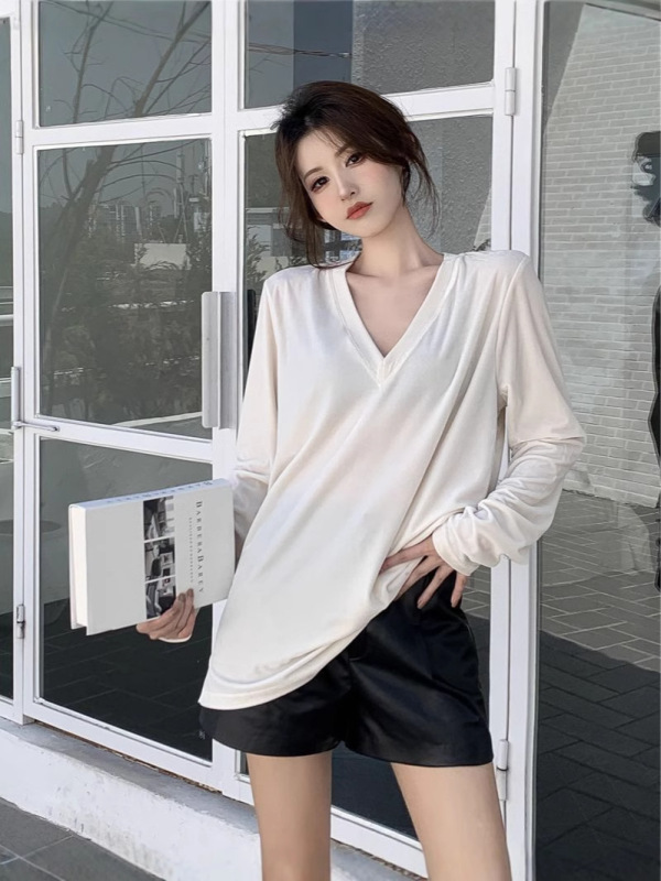 【自宅工場現物】vネック長袖ベルベットtシャツ女性気質ゆるい中長タイプのインナーシャツ上着|undefined