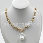 开口项链不规则仿珍珠贝壳金属链条拼接项链 小众轻奢设计首饰配