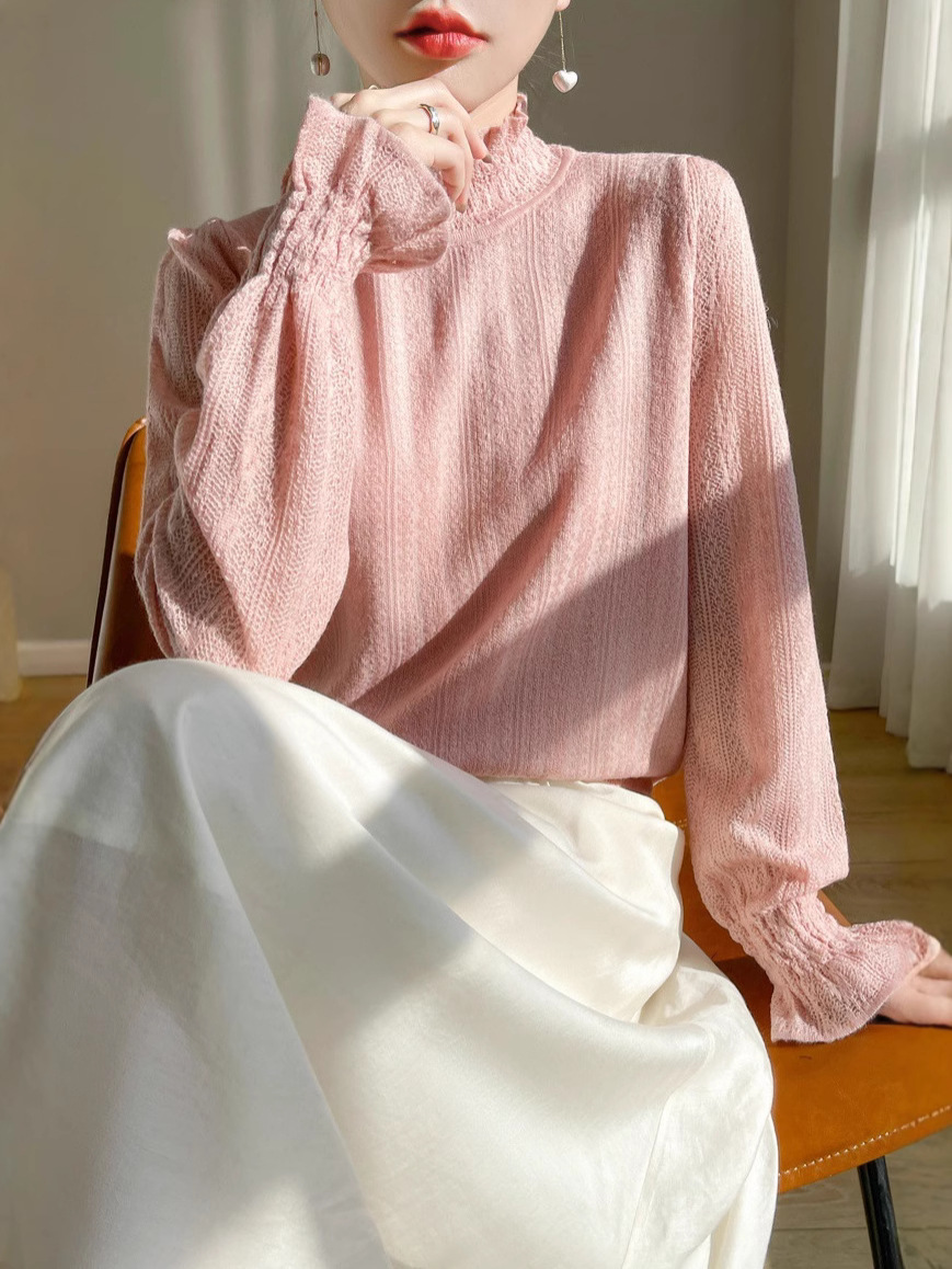 Hormigón de encaje de cuello medio alto jersey de punto para mujeres 2024 otoño y invierno nuevo suelto delgado envejecimiento camisa de manga larga