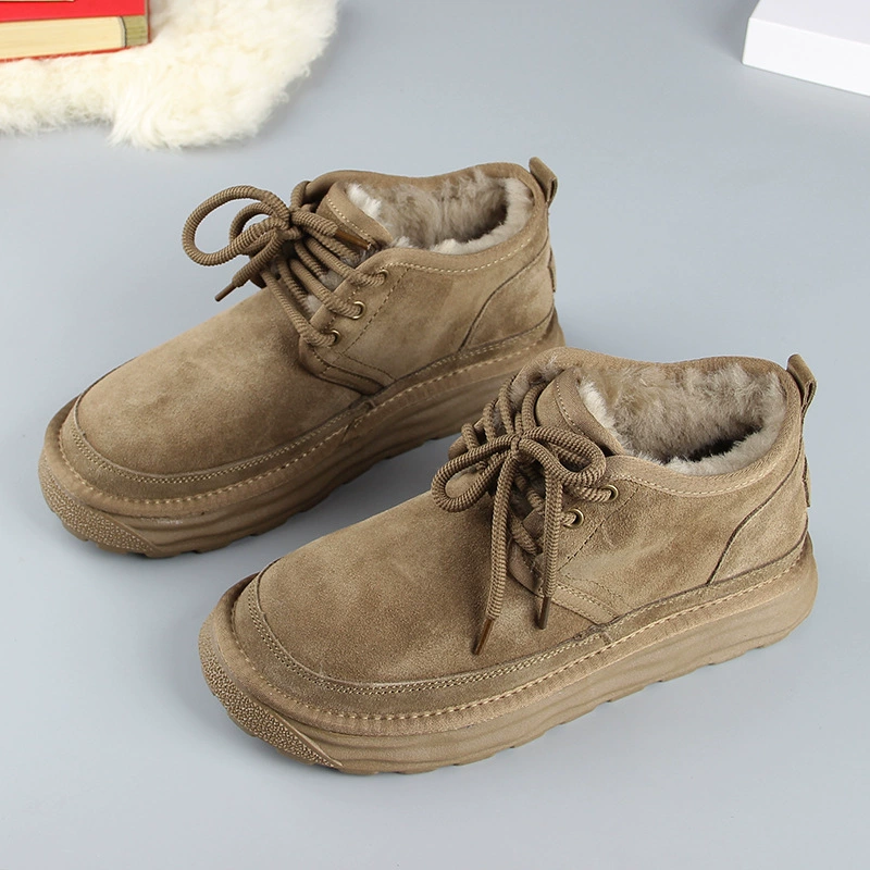 Кожаные снежные сапоги мужские короткие сапоги 2024 зимний новый меховый один плюс бархат с толстым дном из шерсти северо-восточный теплый большой хлопок обувь