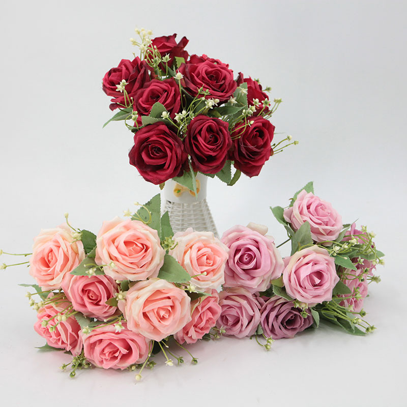 Artificial 9-cabeza concubina imperial Rosa boda flor artificial decoración del hogar Accesorios flor artificial Flor de seda al por mayor