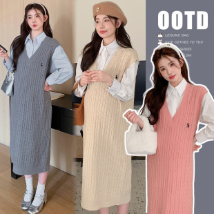 Real shot in stock 2024 new pregnant women dress suit autumn and winter fashion knitted vest skirt shirt two-piece set