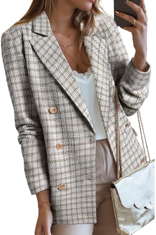 Women's Tweed Blazer Jacket Double Breasted Plaid Workwear_voghion.com