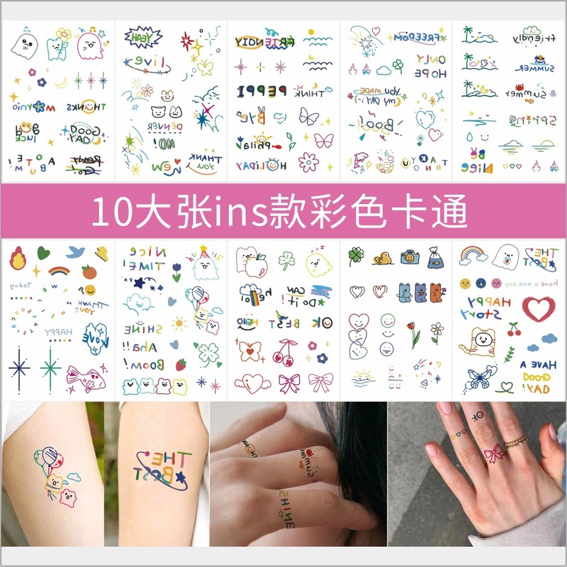 New cartoon small fresh tattoo cute girl color letter English small pattern ins Wind finger sticker