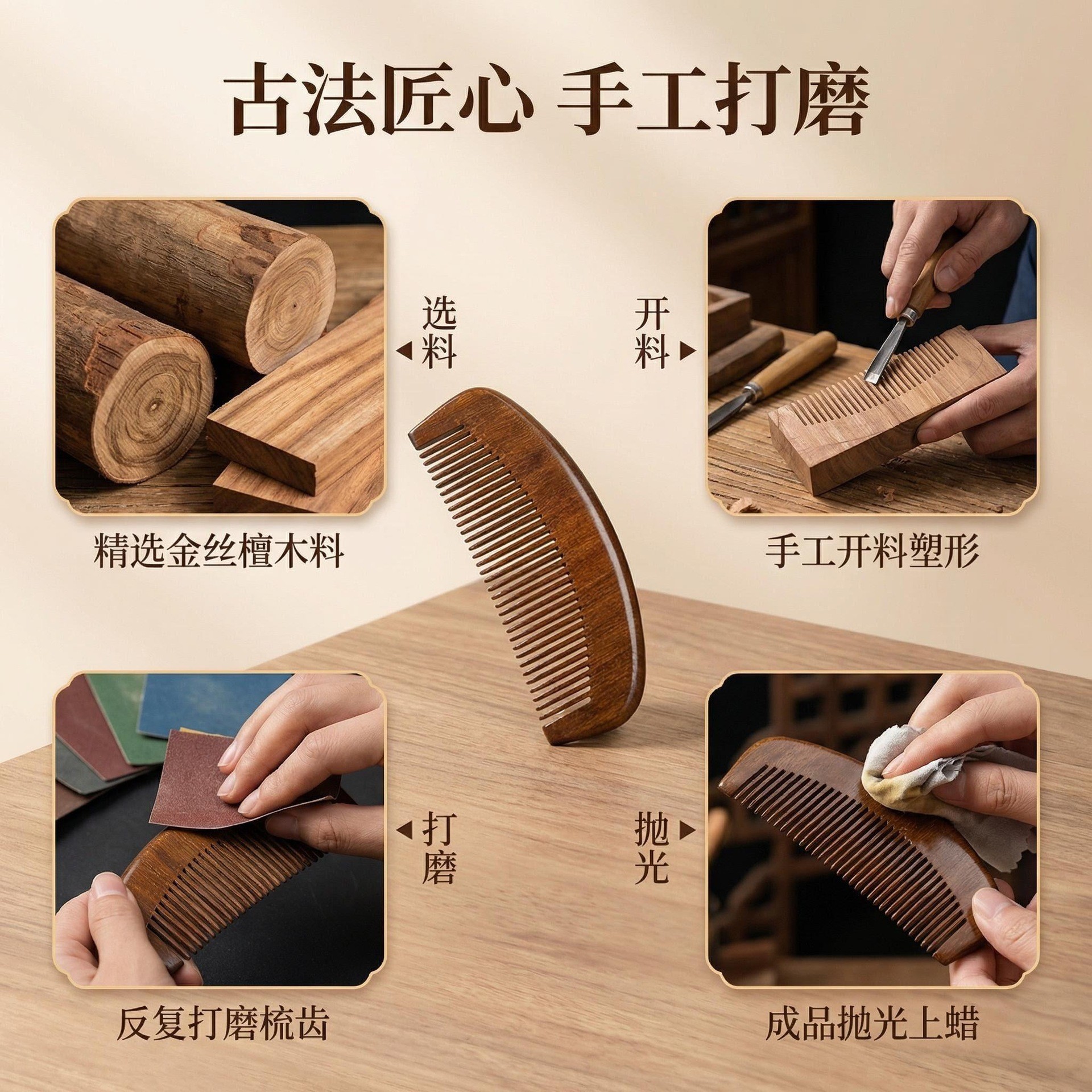 Golden Sandalwood Comb Large Wide Tooth Anti Static Scalp Massage Detangling Hair Comb 20cm specifications