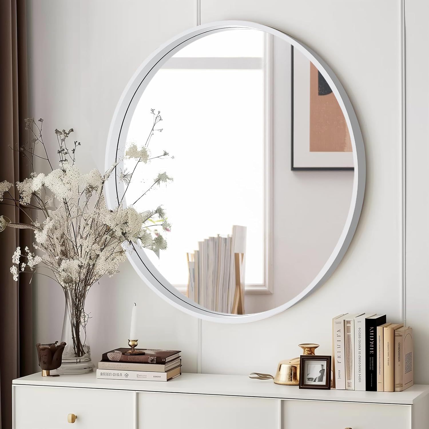 Customized Simple Solid Wood Retro Round Mirror, Wall-Mounted Decorative Mirror for Entryway, Creative Bathroom Makeup Mirror for Home Use