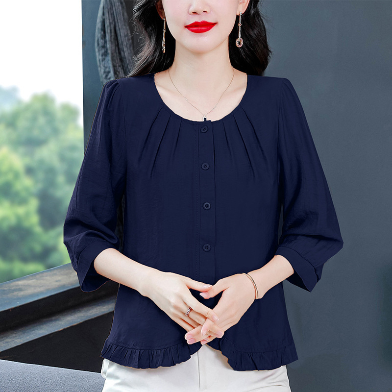 棉麻衬衫早秋女装2025新款法式荷叶边亚麻上衣洋气妈妈七分袖小衫|undefined