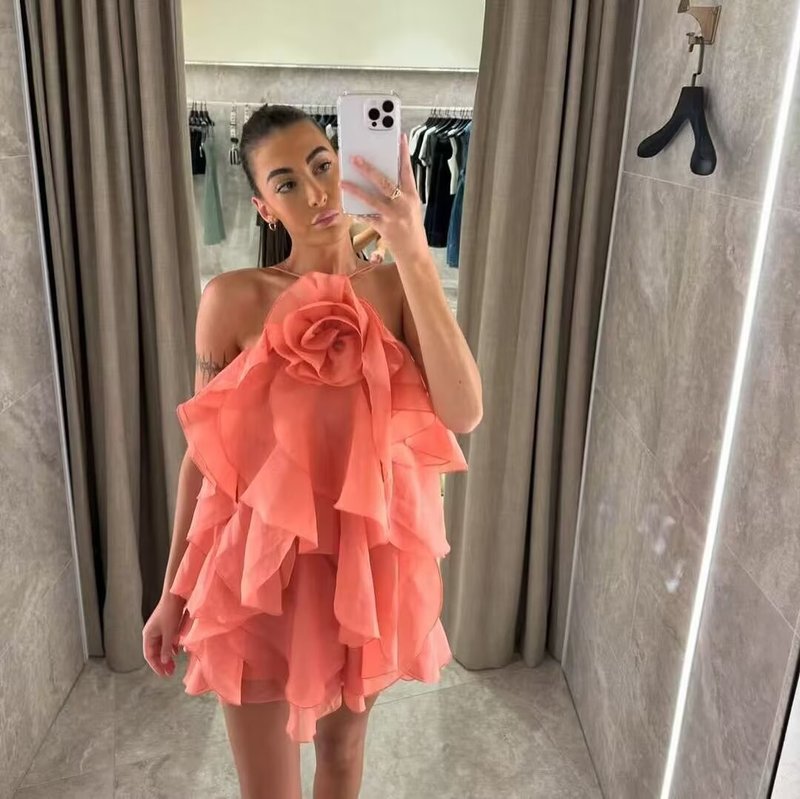 ZA速卖通人気商品、海外向け欧米婦人服卸売、三色重ね花飾りショートワンピース|undefined